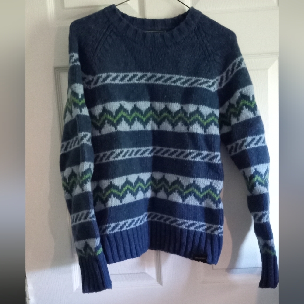 ∆Abercrombie & Fitch Vintage Tahoe Blue Ski Triple Zigzag Lambwool Sweater SZ XL